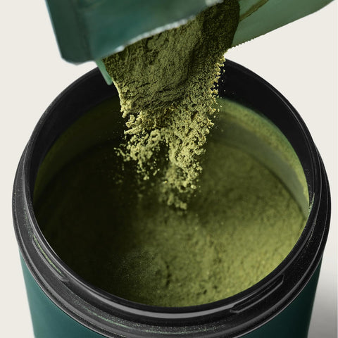 AG1 canister in deep green finish, durable and stylish for daily greens storage.
