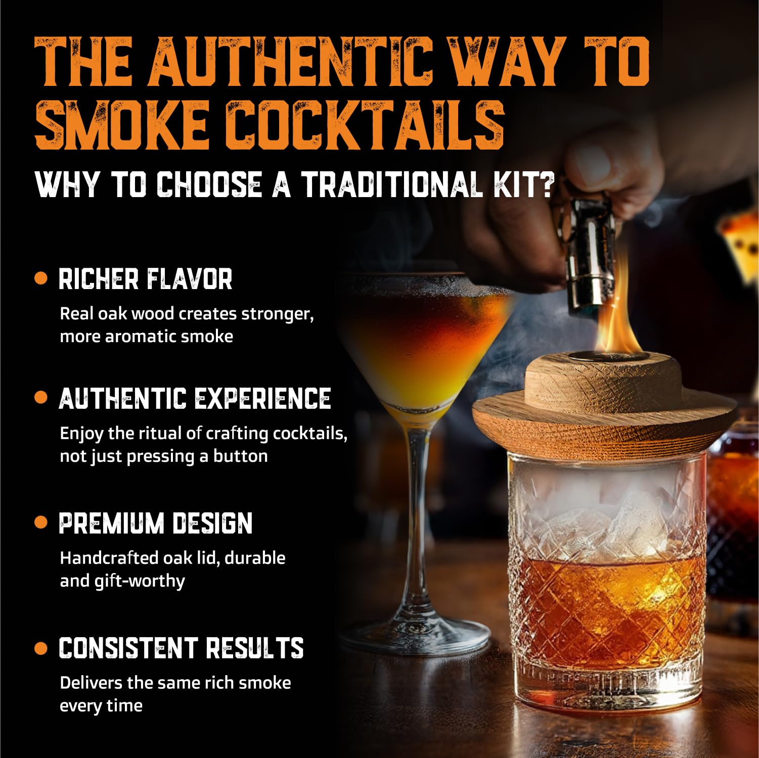 Aged & Charred dry aged oak wood chips provide authentic smoke flavor.