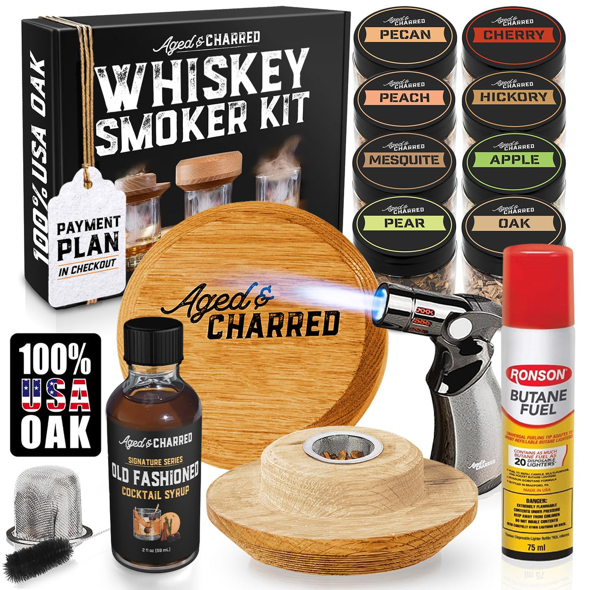 Aged & Charred whiskey smoker lid fitting rocks, Glencairn, coupe, and pint glasses for versatile use.