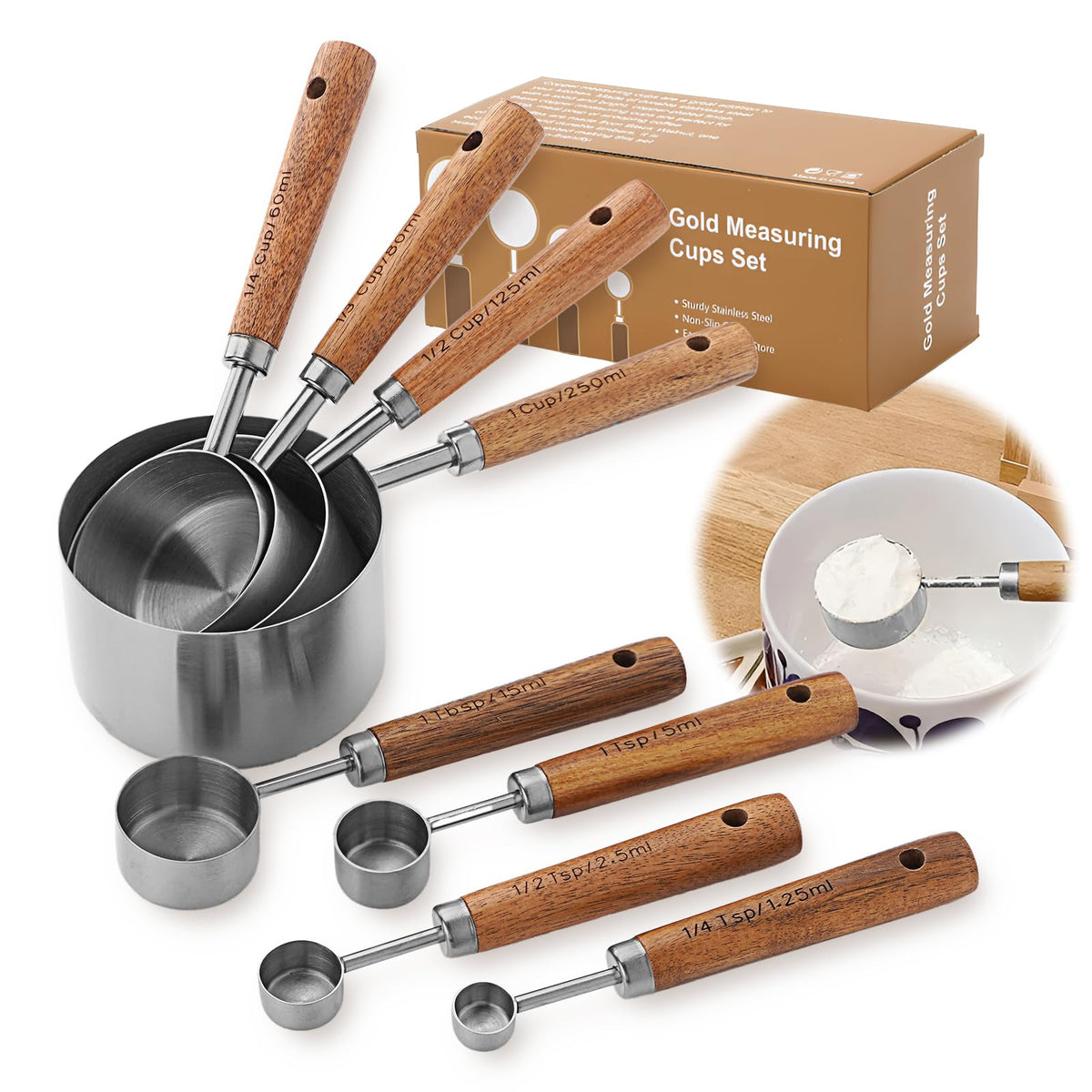AGIgear measuring cups and spoons with wood handle for durable, stylish precision in the kitchen