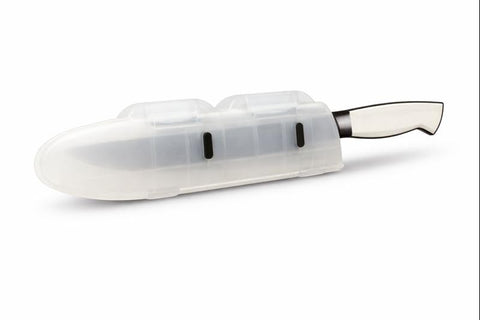 Agilux Blade Guard in a kitchen drawer protecting a chef knife edge for safe storage.