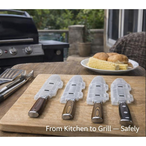 Agilux Blade Guard in a camping kitchen ready for travel and outdoor cooking.