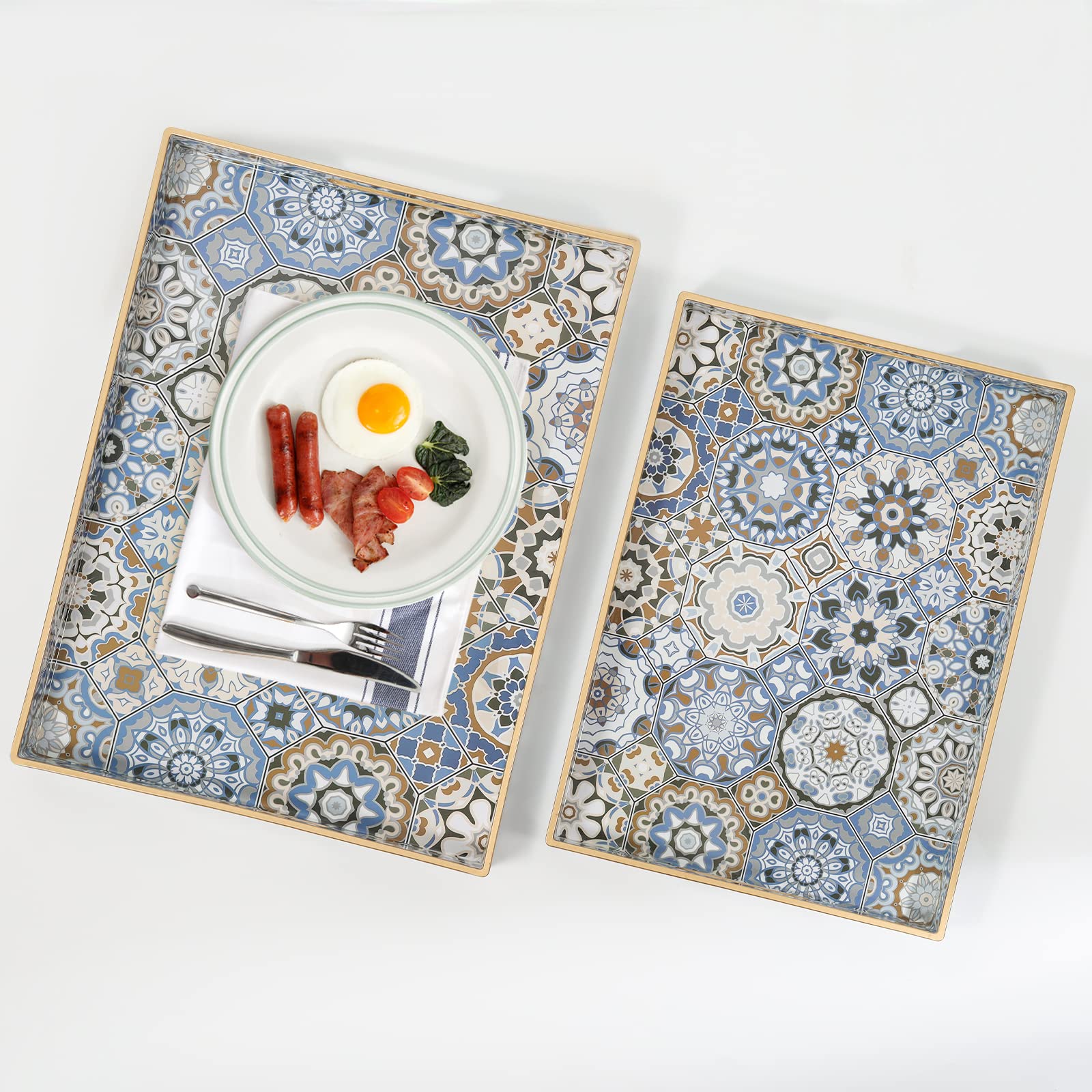 AGIOTA bohemian decorative tray in blue enhances ottoman styling