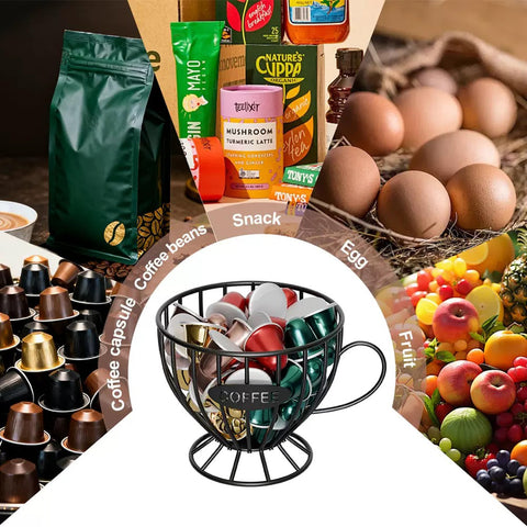 Agirlvct metal coffee basket used as versatile storage on counter