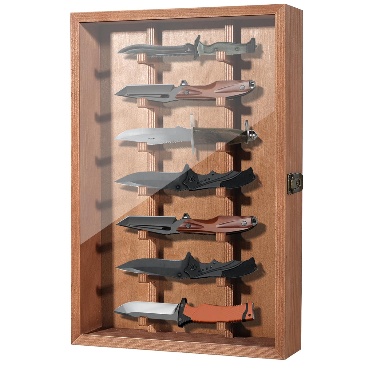AGJIDSO pocket knife display case wall front view shows a lockable solid wood frame.