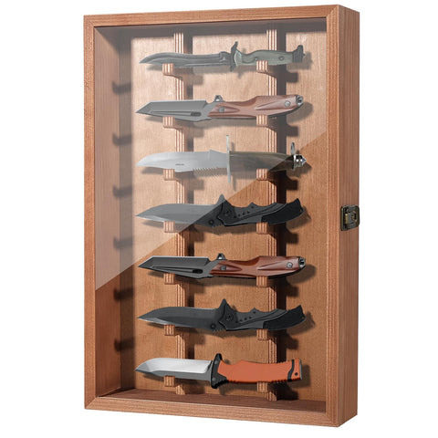 AGJIDSO pocket knife display case wall front view shows a lockable solid wood frame.