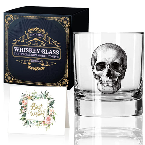 AGMDESIGN Skeleton Skull Whiskey Glass front view highlights dramatic design for themed parties.