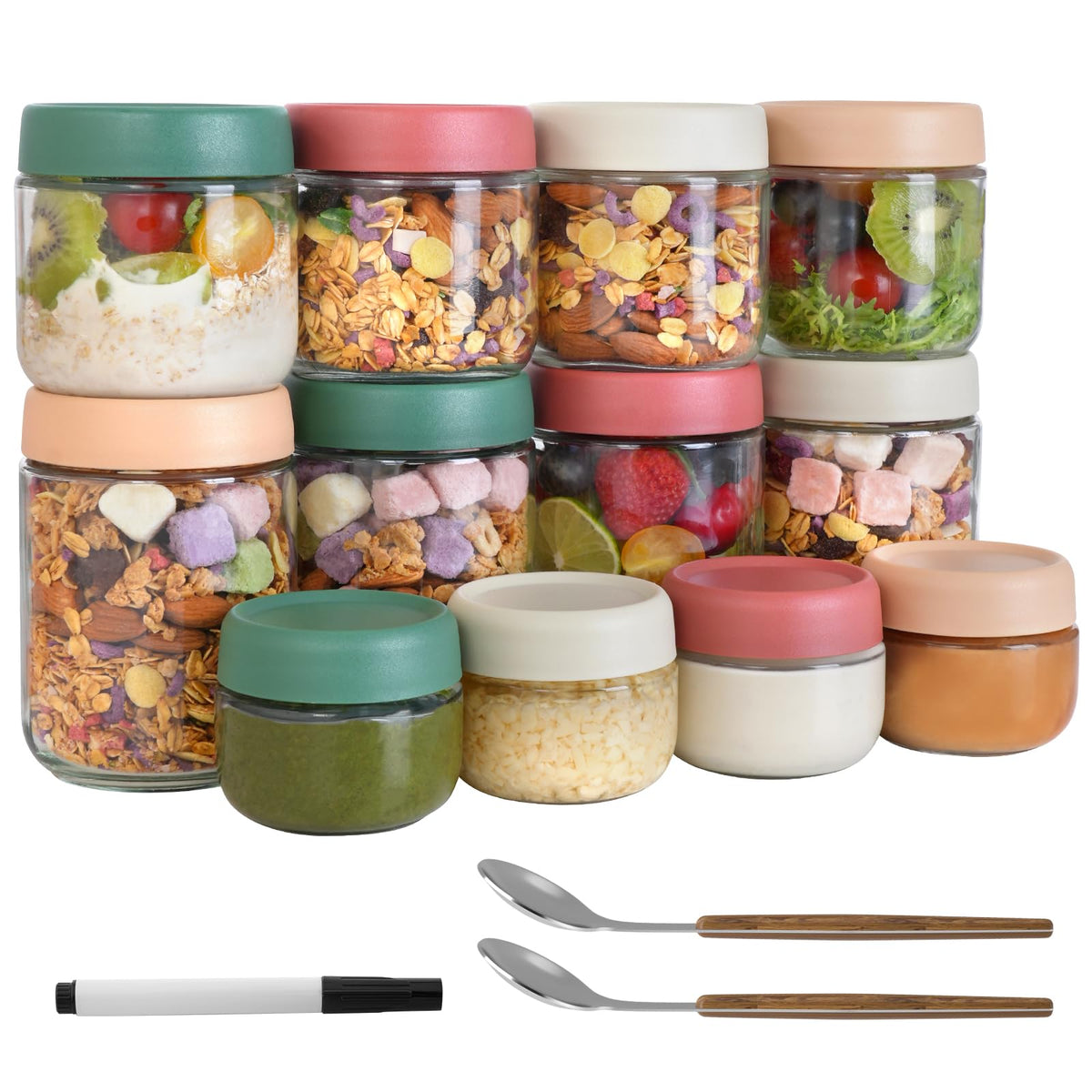 Agotglmi 12-pack overnight oats containers with lids for organized meal prep.