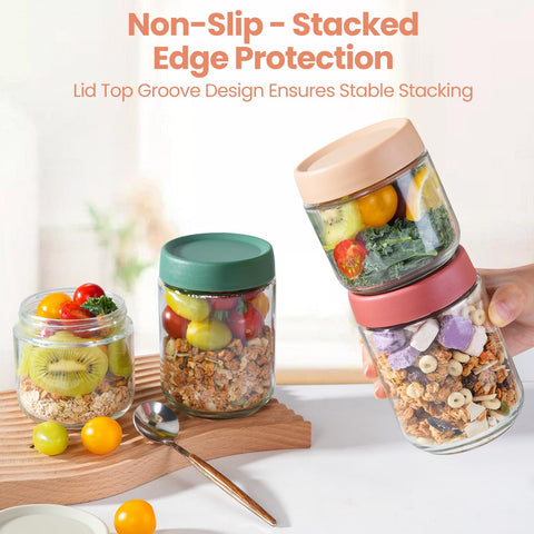 Agotglmi stackable glass jars with erasable lids for fridge organization.
