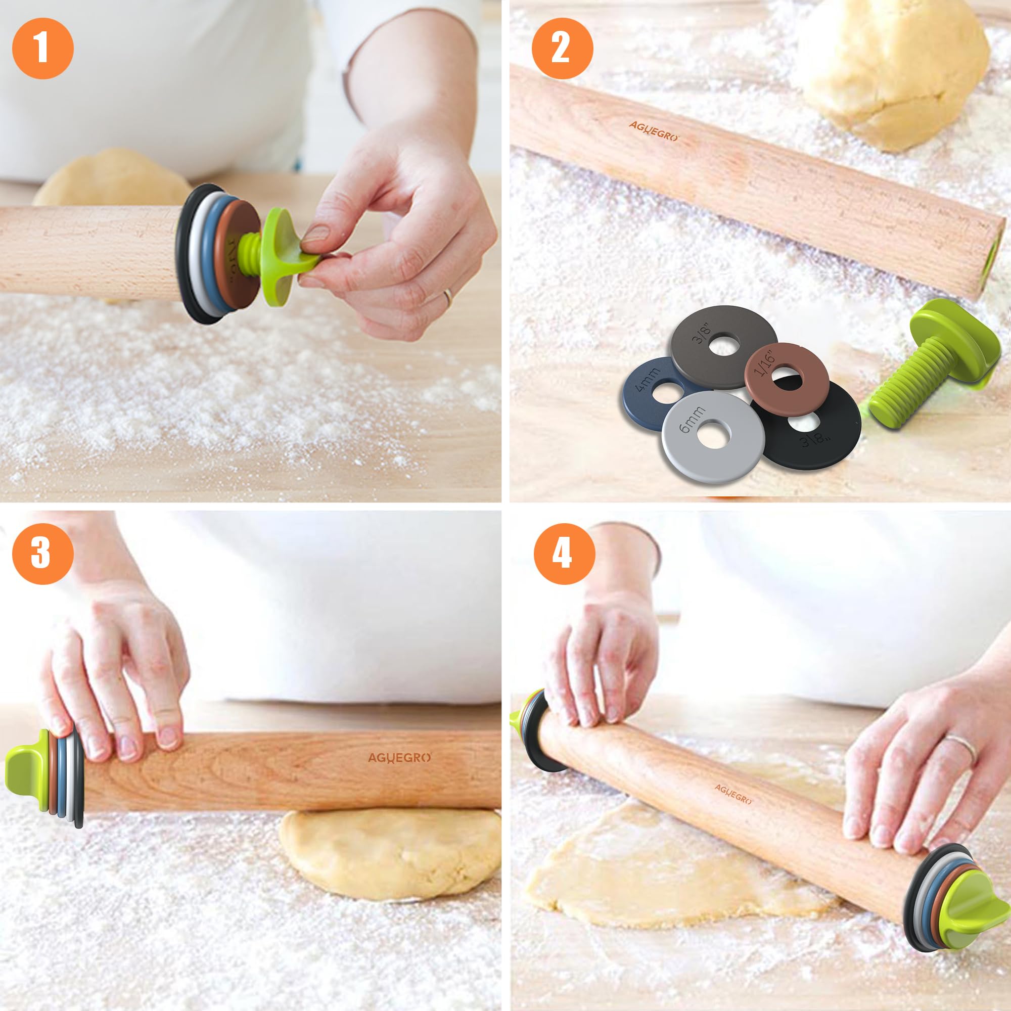 End-cap mechanism on Aguegro rolling pin enables quick ring changes.