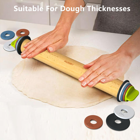 Close-up of adjustable rings on Aguegro rolling pin for precise thickness.