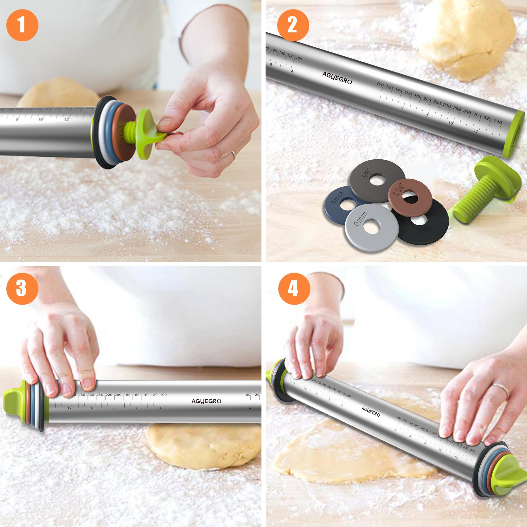 Aguegro rolling pin shows inch and centimeter marks for precise dough measurement.