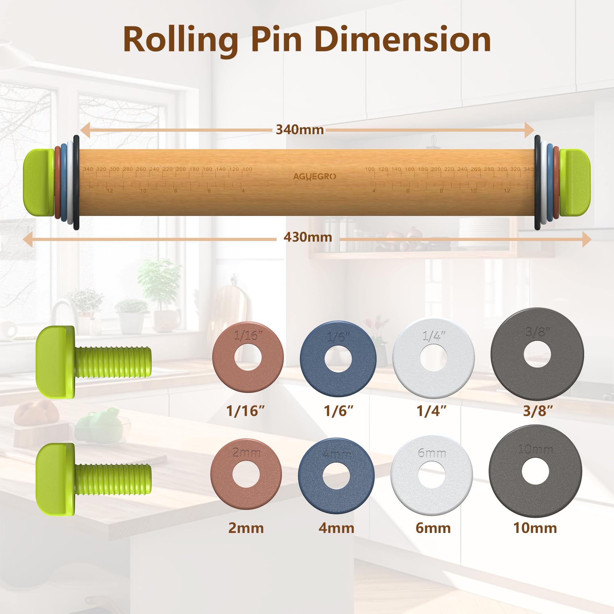 Aguegro rolling pin with rings displaying different thickness settings for versatile dough.