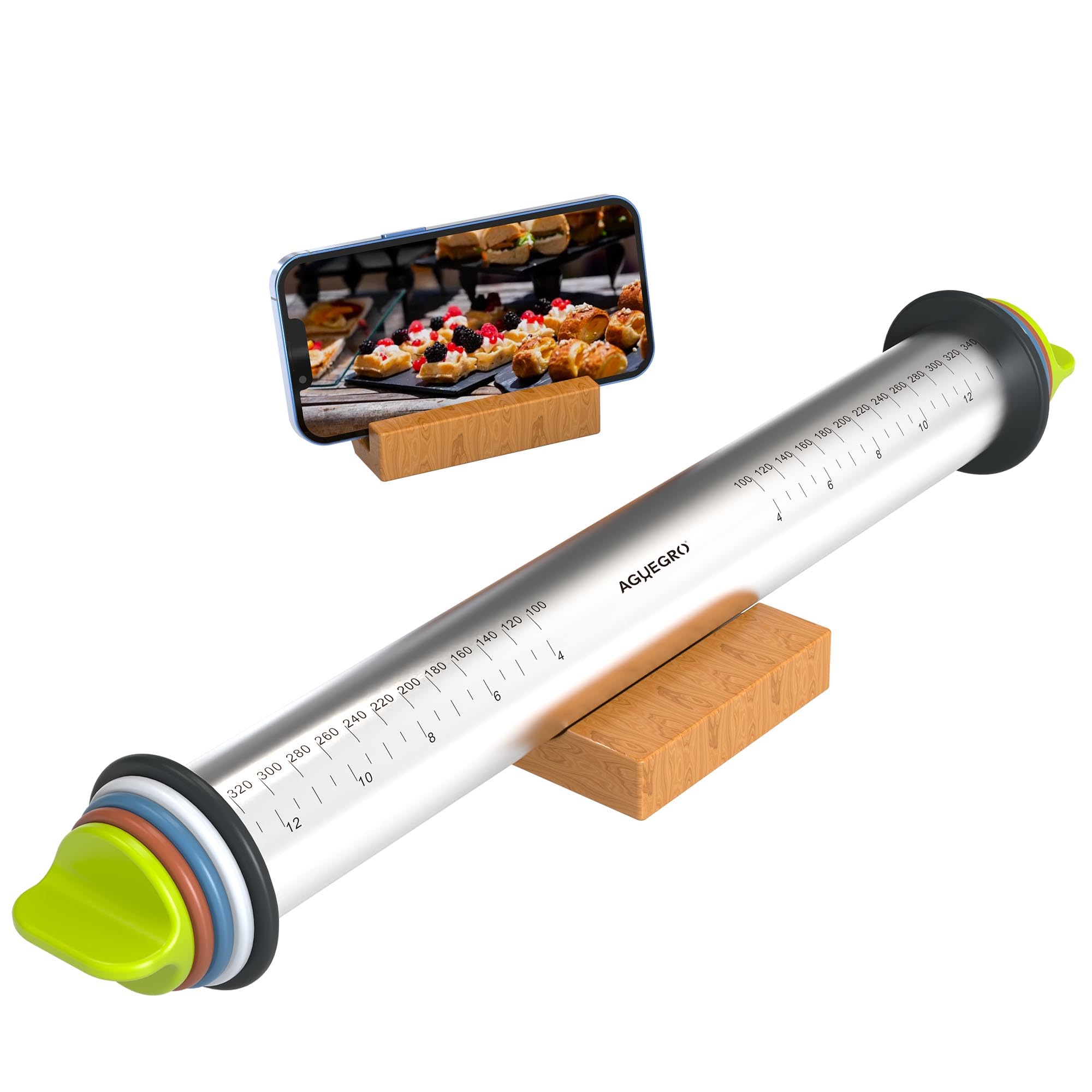 Aguegro stainless steel rolling pin with color-coded thickness rings for consistent dough thickness.