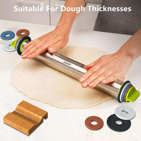 Aguegro rolling pin with wooden stand for safe storage and easy access.