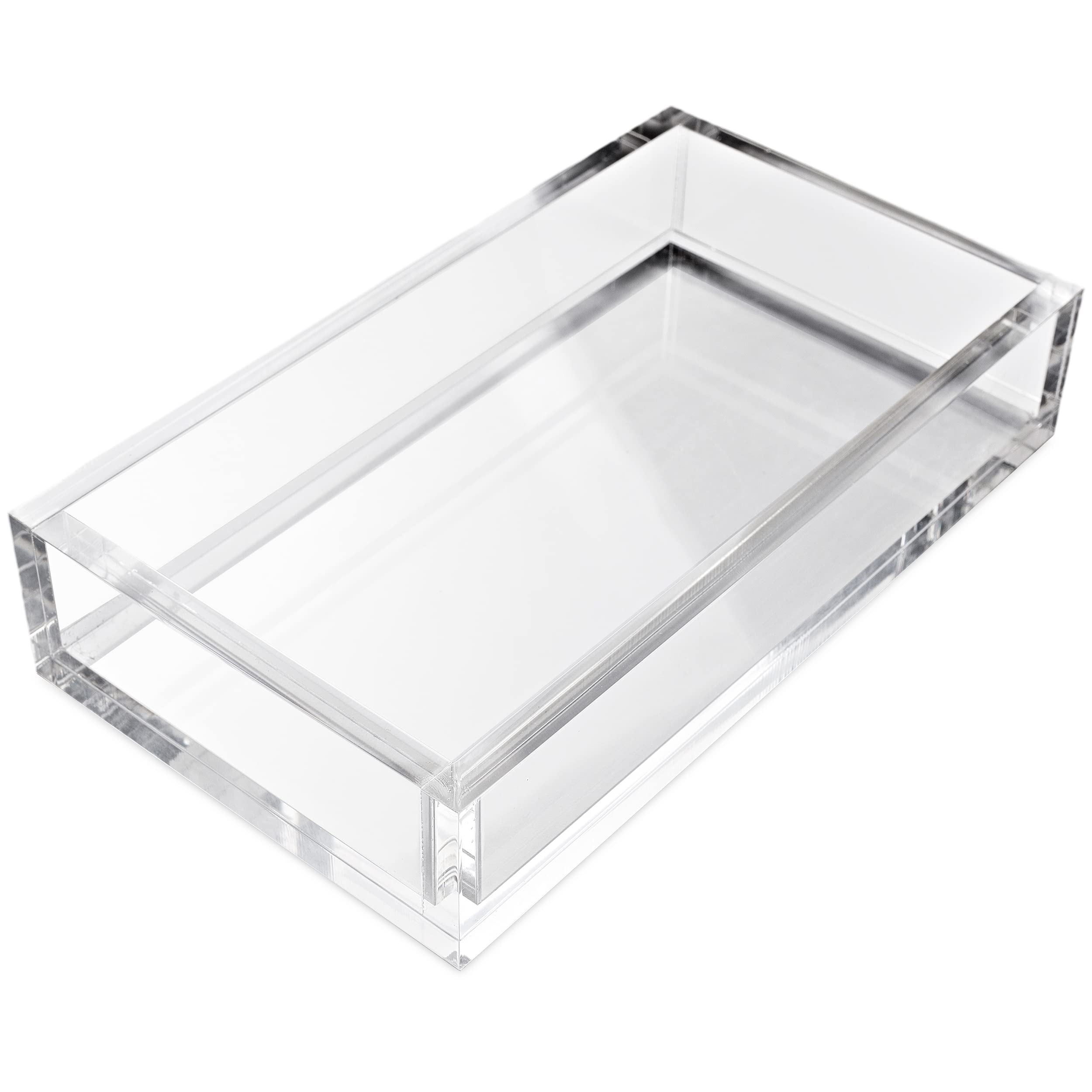 AH American Homestead clear acrylic napkin tray on bathroom counter for neat napkin access
