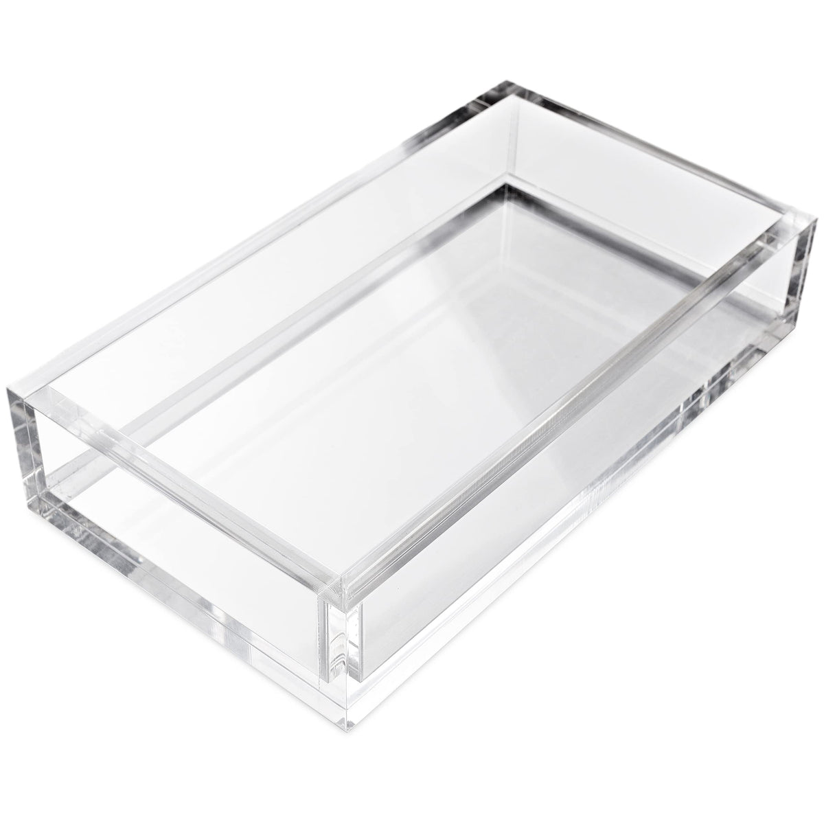 AH American Homestead clear acrylic napkin tray on bathroom counter for neat napkin access
