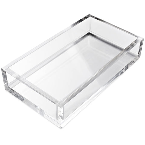 AH American Homestead clear acrylic napkin tray on bathroom counter for neat napkin access