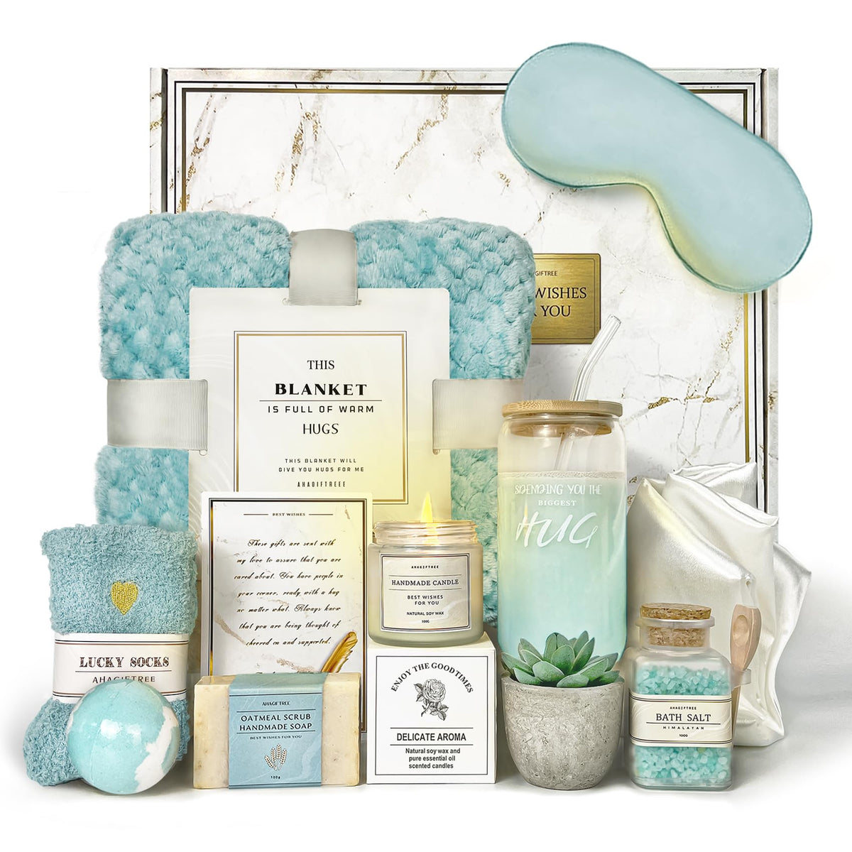 AHAGIFTREE Get Well Gift Basket cerulean front view shows premium, comforting gifts
