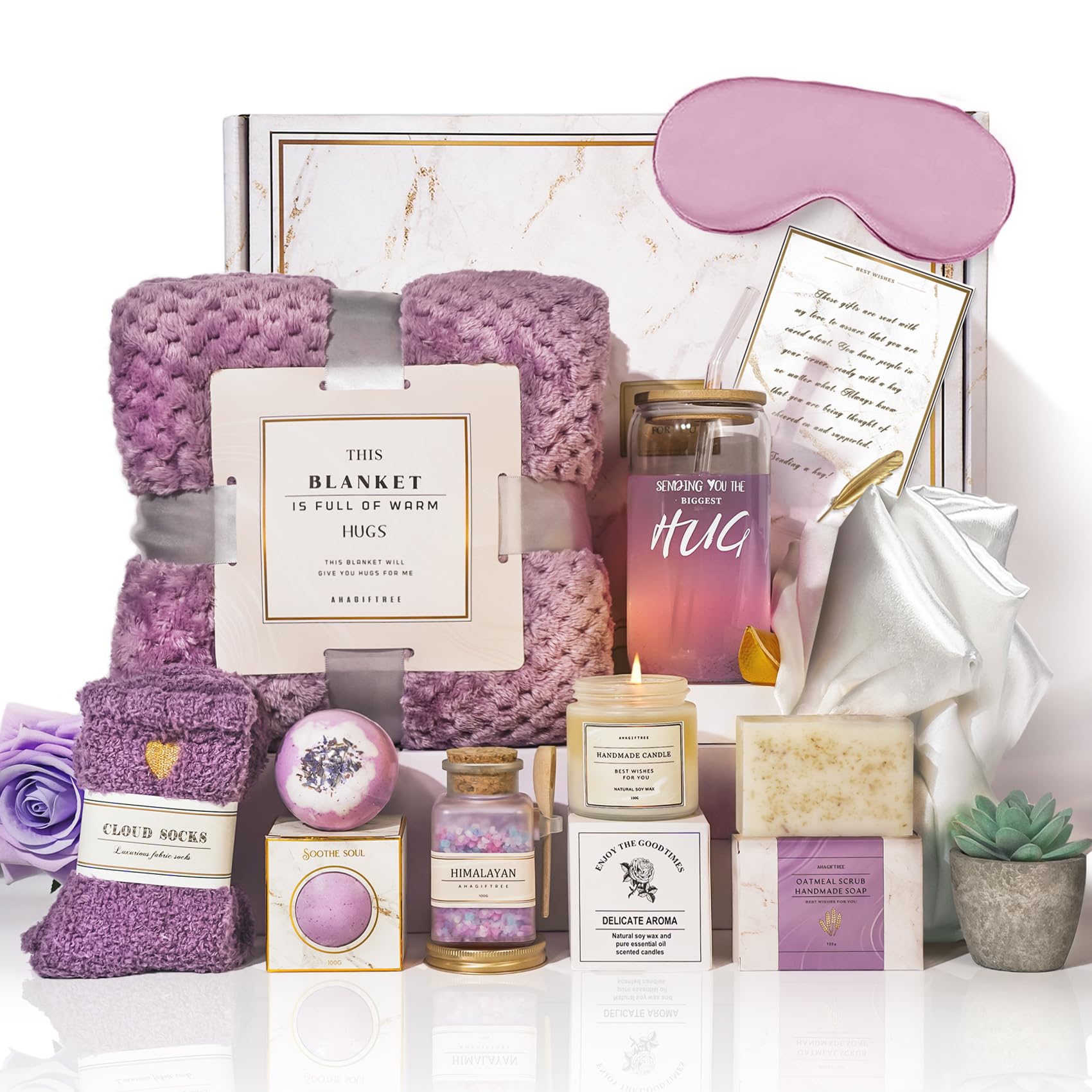AHAGIFTREE 12-piece gift basket with blanket and mug, ideal for a comforting thoughtful gift.