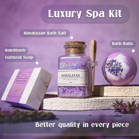 AHAGIFTREE soy candle and bath salts create a soothing spa moment.