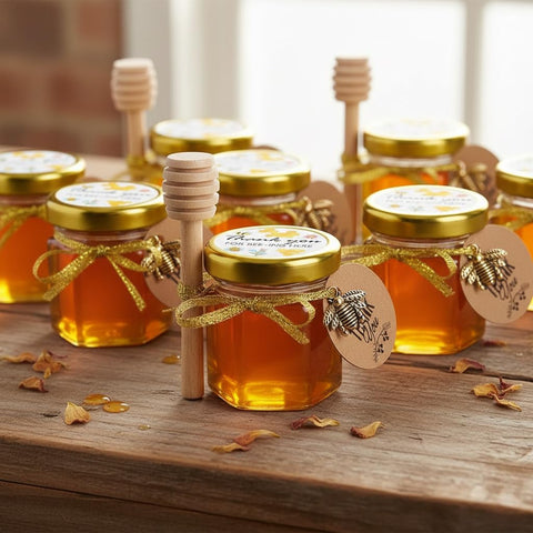 Ahhute bee pendant on jar adds whimsical decor for bee-themed events.