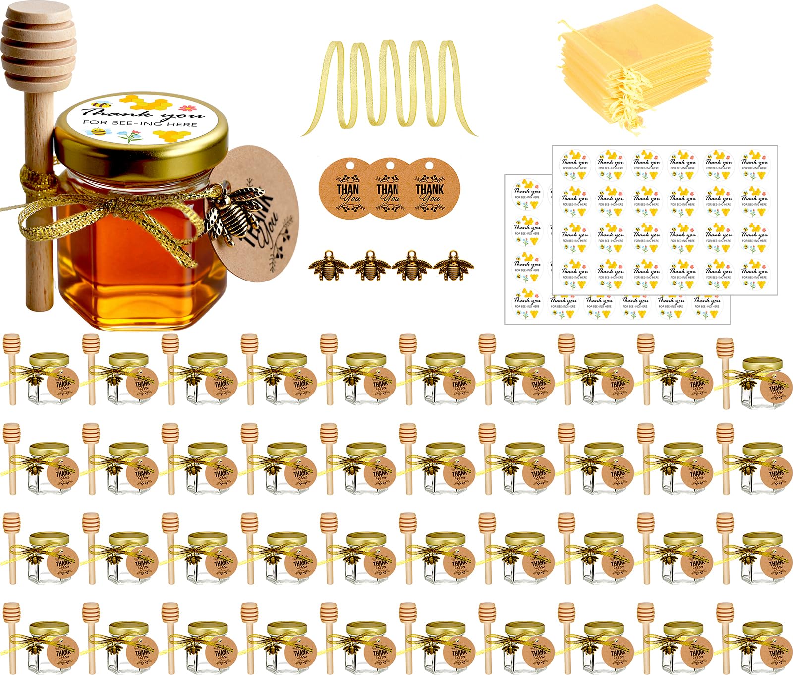 Ahhute honey pot with dipper and bee pendant, ideal for wedding favors.