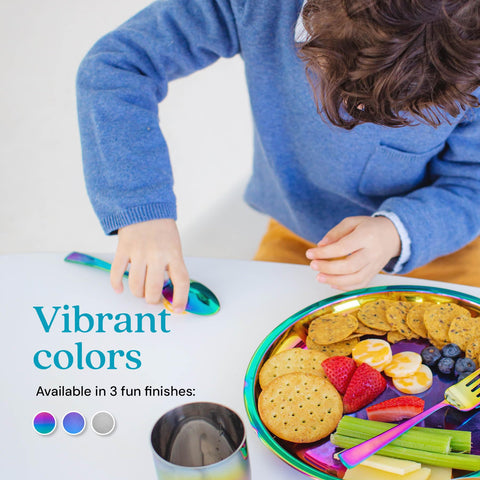 Ahimsa pediatrician-designed plate offers a plastic-free metal option.