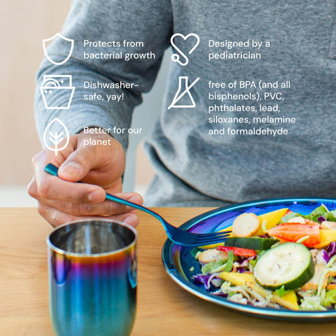 Ahimsa unbreakable design withstands daily use by active eaters.
