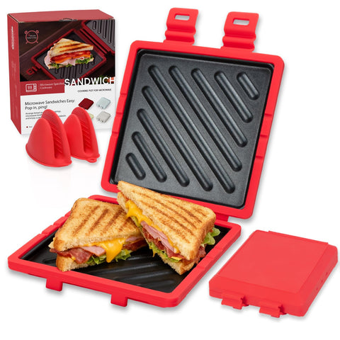 AHJ microwave sandwich maker on kitchen counter delivering crispy melts in minutes
