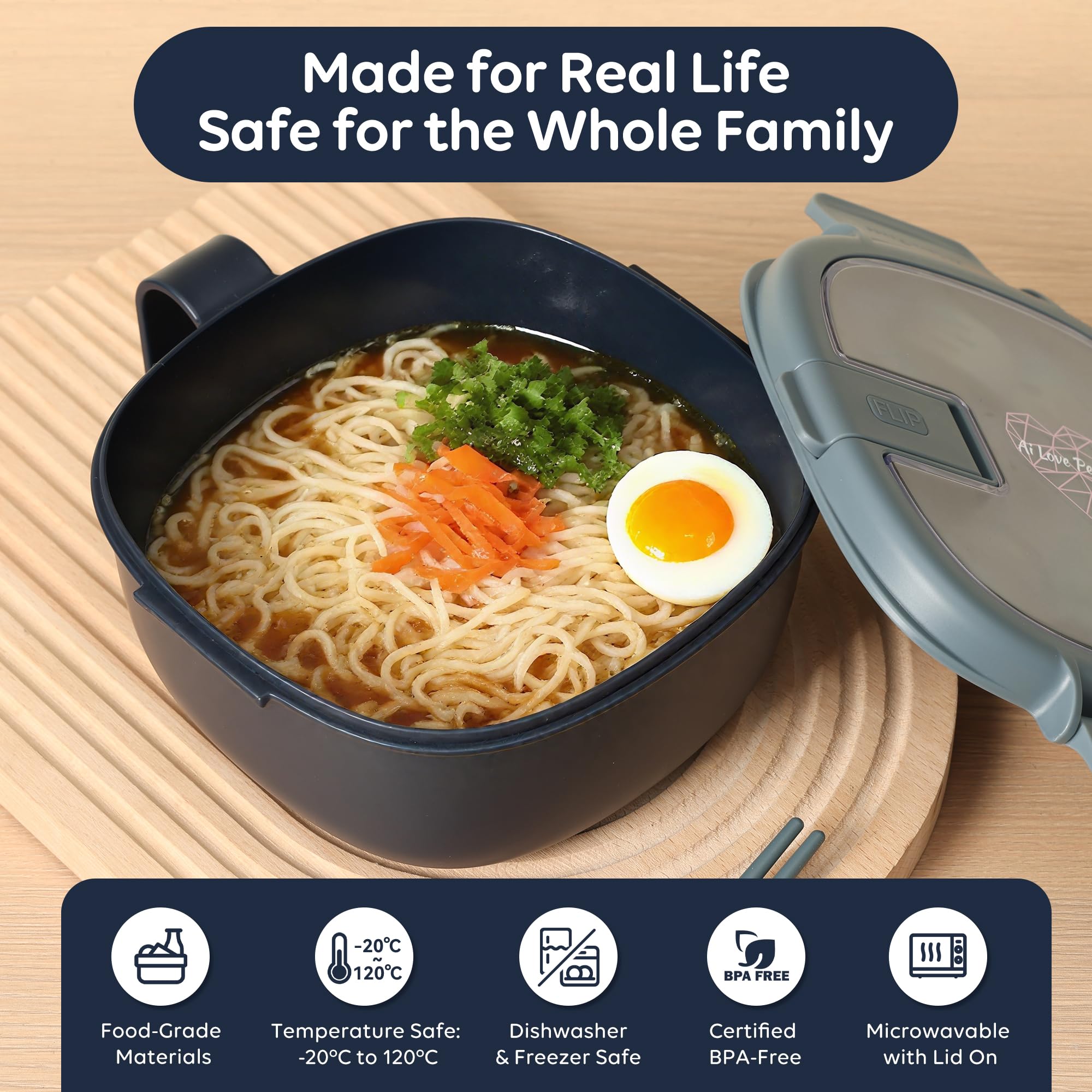 AI LOVE PEACE dishwasher-safe ramen bowl for easy cleaning.