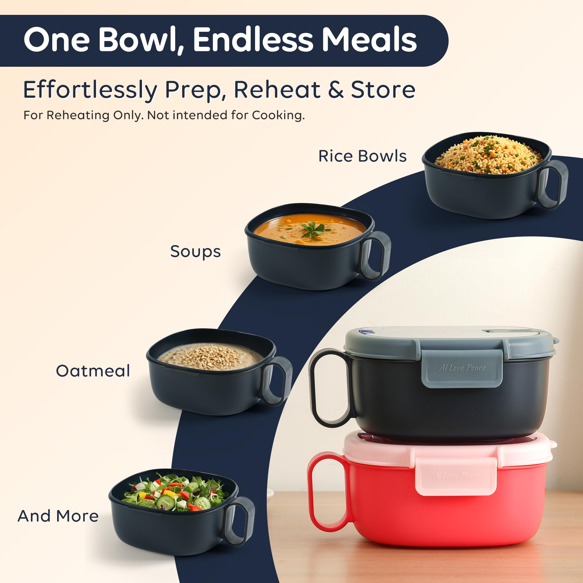 AI LOVE PEACE freezer-safe ramen container for leftovers storage.