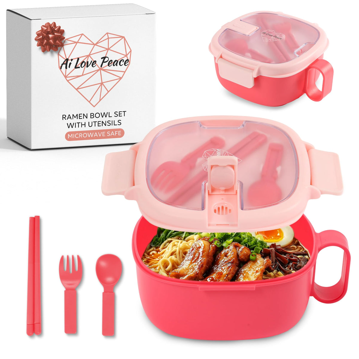 AI LOVE PEACE microwavable ramen bowl with lid, leakproof for on-the-go meals.