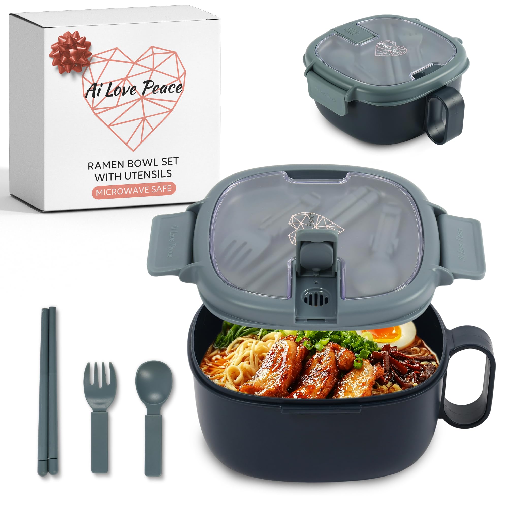 AI LOVE PEACE microwavable ramen bowl with lid for quick, mess-free meals.