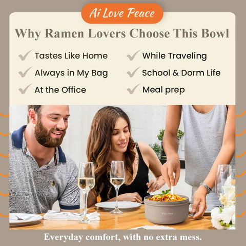 AI LOVE PEACE ramen bowl leakproof lid prevents spills in bags.