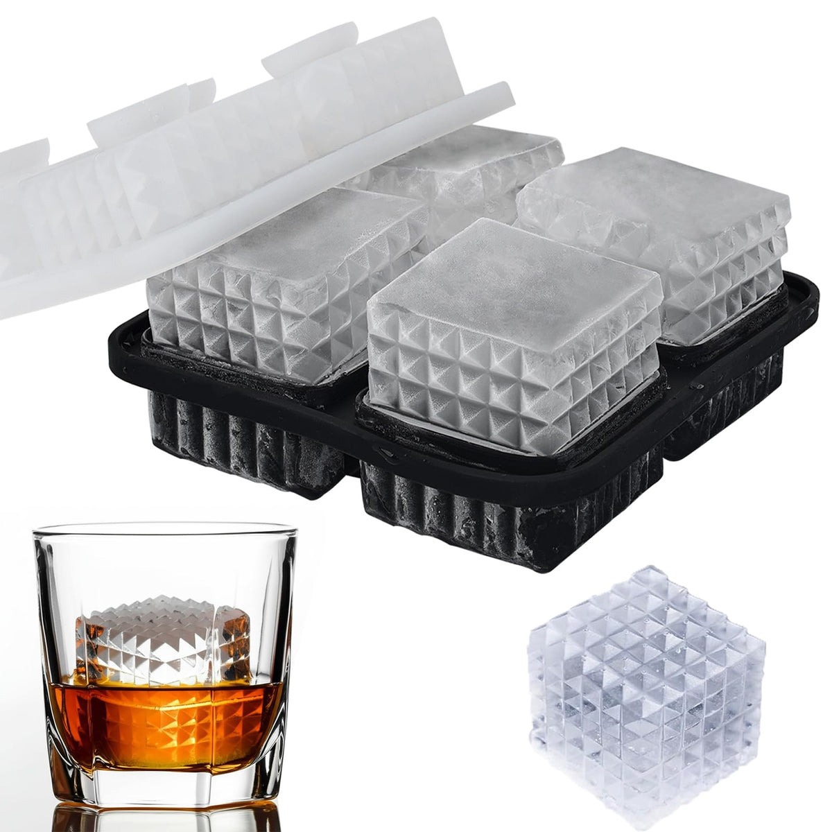 Aibirui 2-Inch whiskey ice cubes mold with diamond texture for slow-melting, premium drinks.