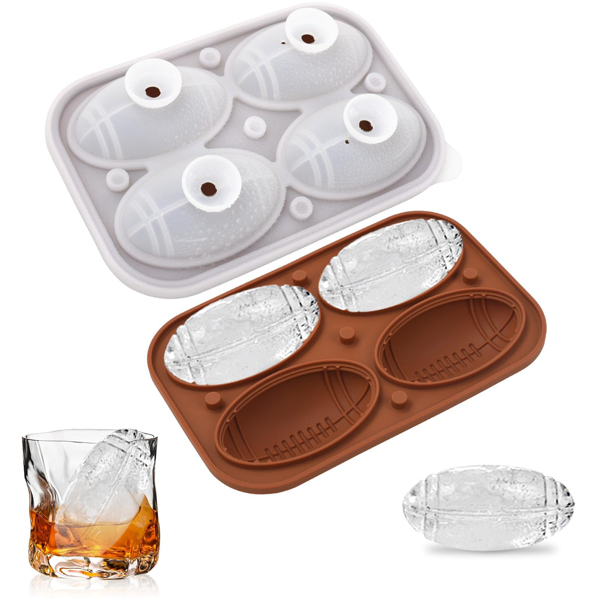 Aibirui football ice cube mold creates 2.5-inch football-shaped ice for cocktails.