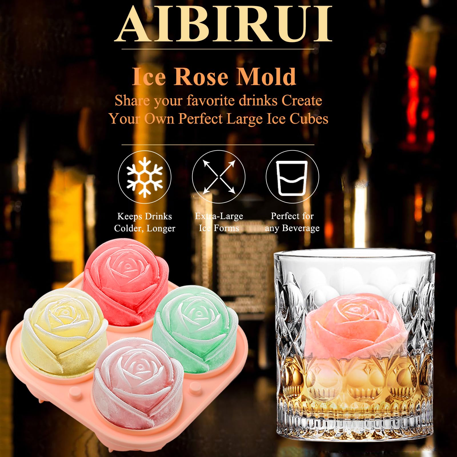 Aibirui silicone rose ice tray for easy release and cleaning.