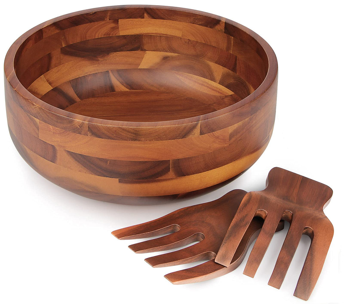 AIDEA Acacia wood salad bowl set with two wooden hands for easy serving.