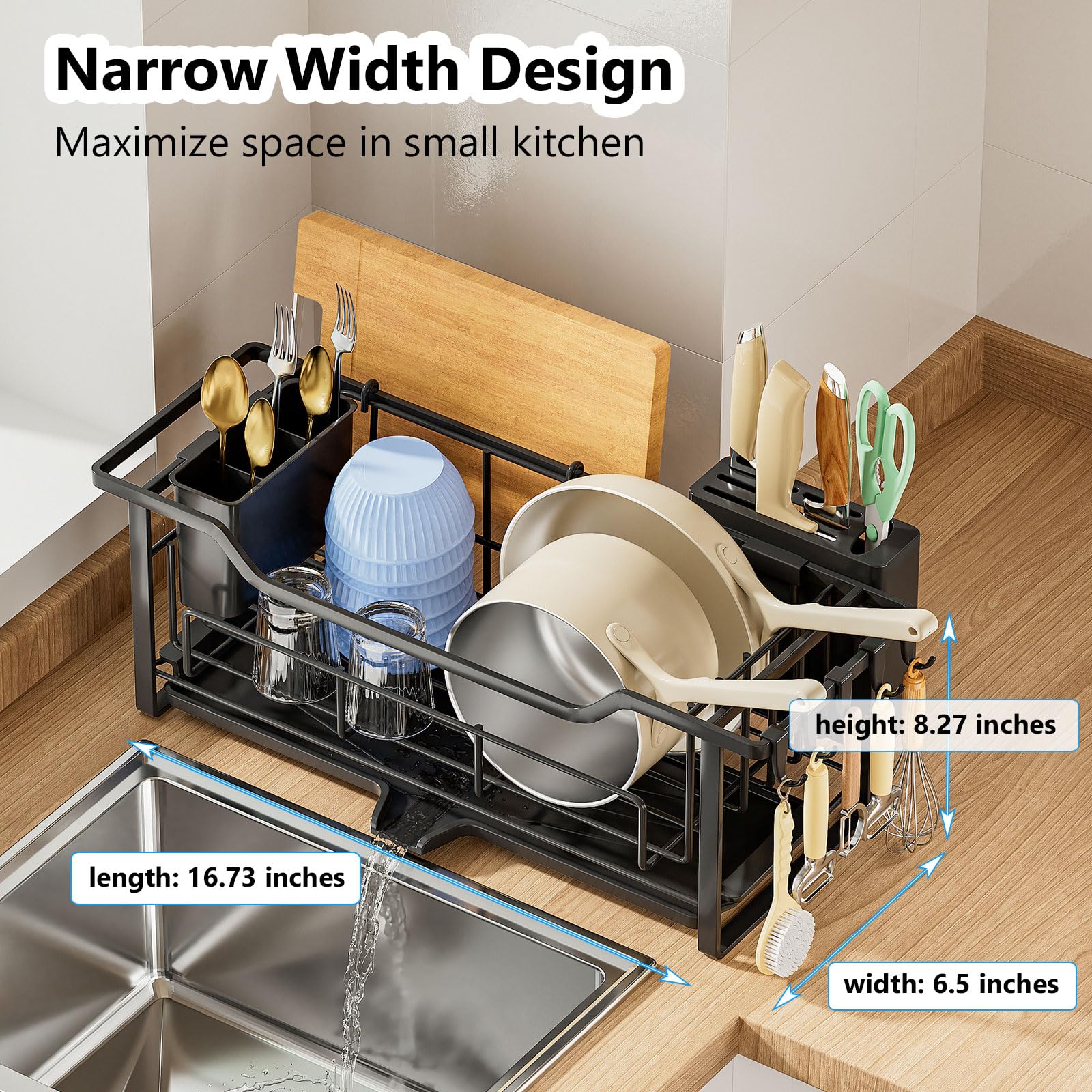 AIDERLY dish drainer with concave drainboard efficiently channels water away.