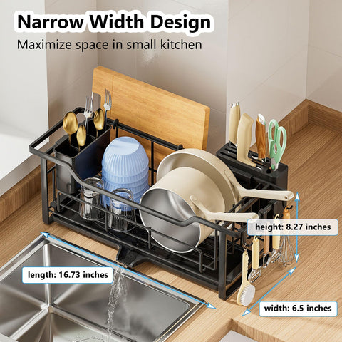 AIDERLY dish drainer with concave drainboard efficiently channels water away.