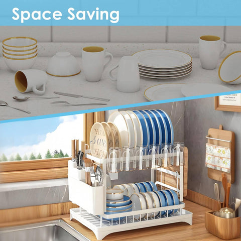 AIDERLY dish drying rack draining tray configuration guiding water away.
