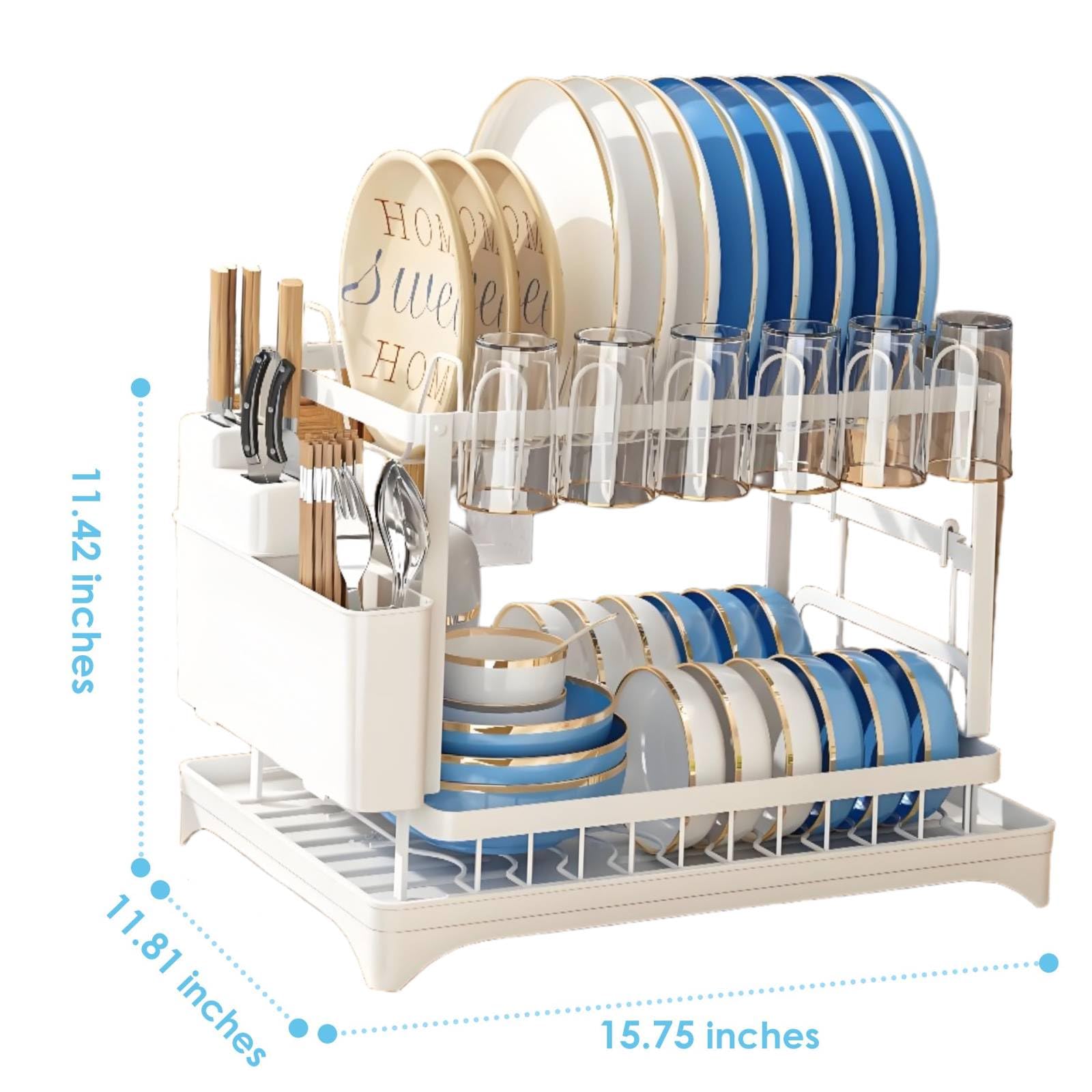 AIDERLY dish drying rack removable cutlery basket, side placement for utensils and knives.