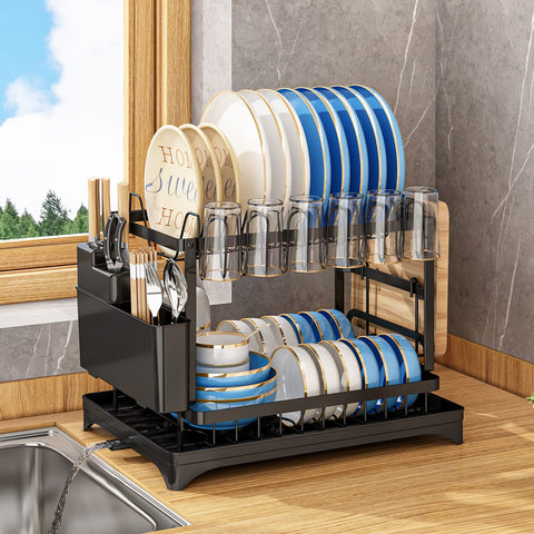 AIDERLY two-tier dish drying rack in black keeps countertops organized and dry