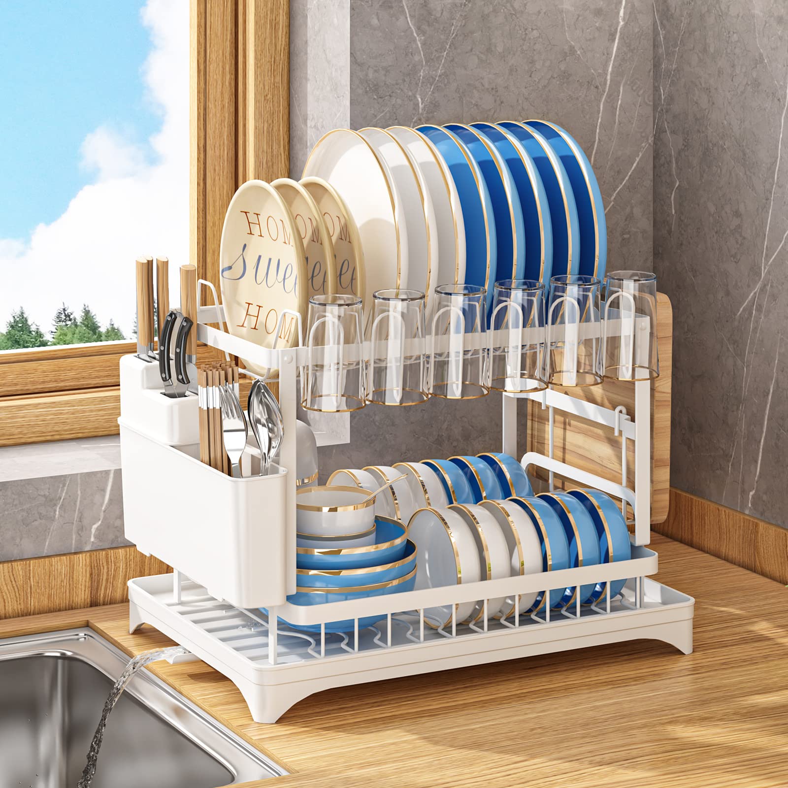AIDERLY dish drying rack two-tier, keeps countertops dry and organized.