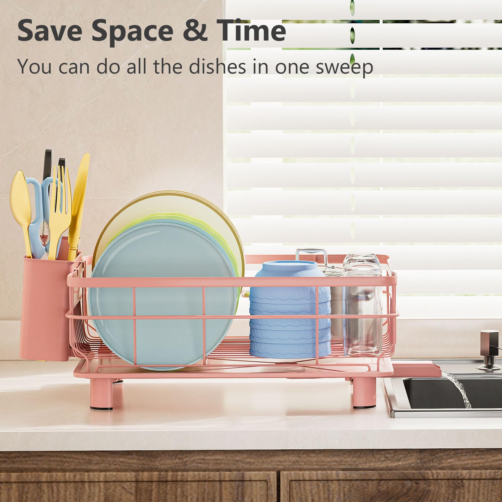 Close-up of the concave draining tray directing water away from dishes.