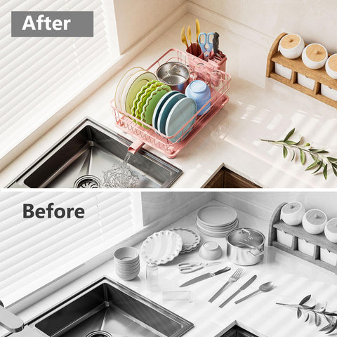 AIDERLY dish rack assembled without tools, highlighting easy setup.