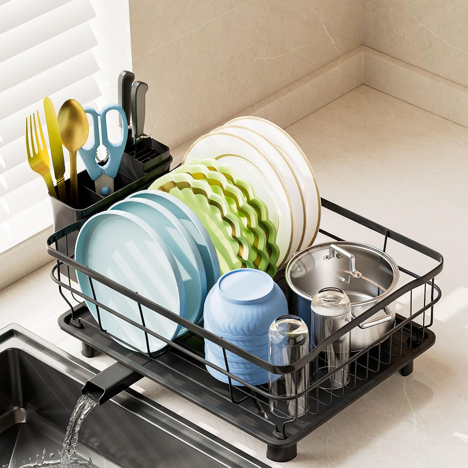 AIDERLY iron dish drying rack with auto drain keeps counters dry after washing.