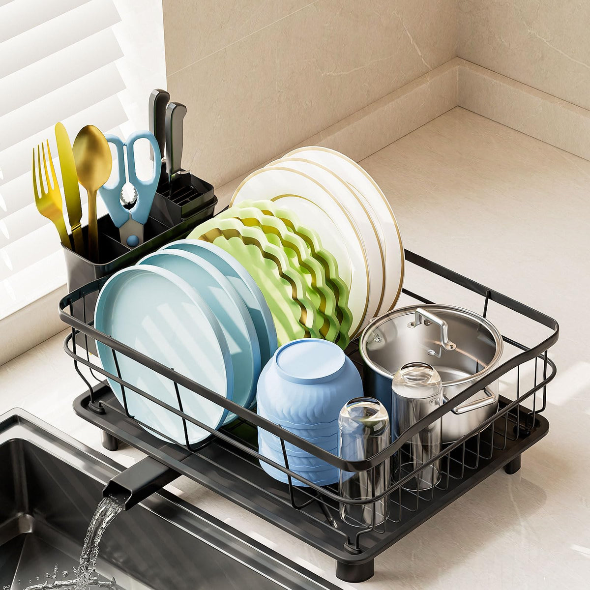 AIDERLY iron dish drying rack with auto drain keeps counters dry after washing.