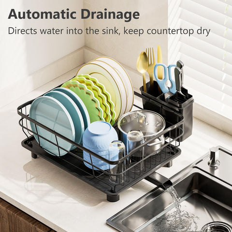 AIDERLY dish rack shows a concave drainboard guiding water into the tray.